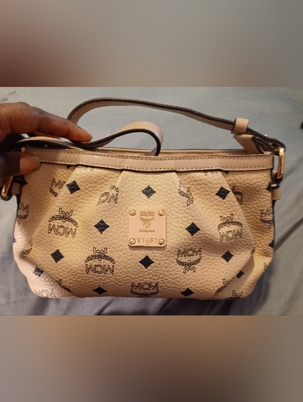 MCM Beige Visetos Monogram Small Leather Pochette Style Shoulder Bag Authentic